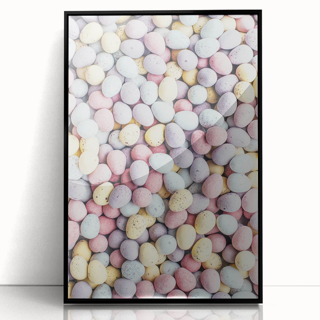 Large abstract wall art featuring spring-themed colors in mid-century modernist style, framed in black acrylic.