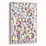 Vintage poster art of spring season on framed canvas, featuring colorful floral motifs on a black background.