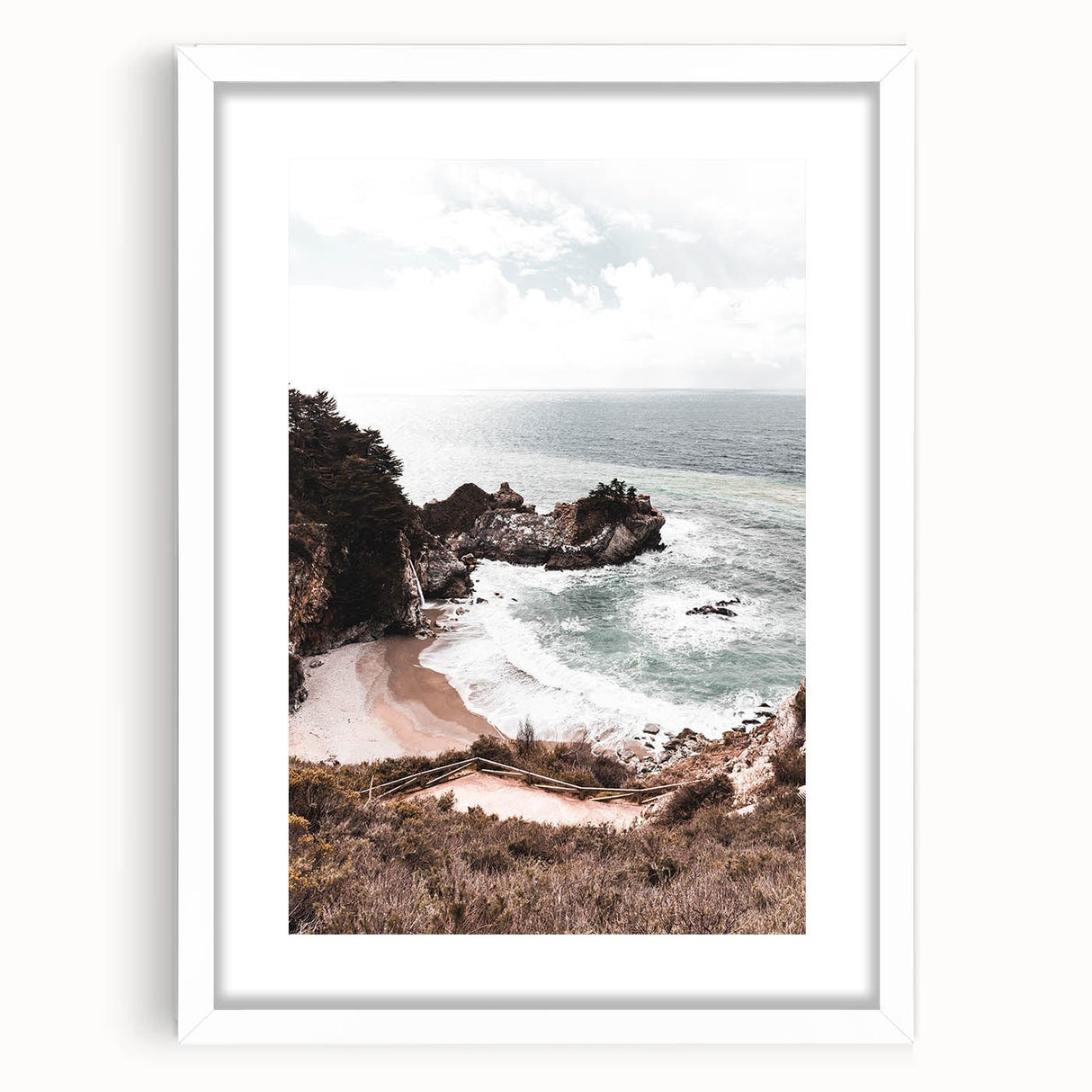 Abstract art print featuring swirling blue and green patterns on a white framed canvas.