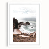 Abstract art print featuring swirling blue and green patterns on a white framed canvas.