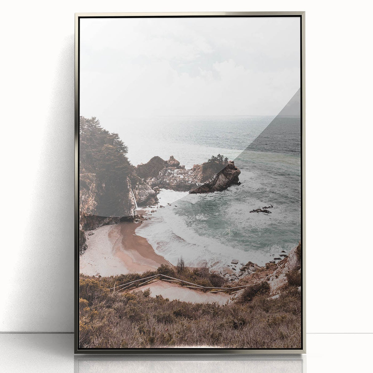 Large art print of a mid-century modernist summer scene in muted pastel shades on silver-framed acrylic.