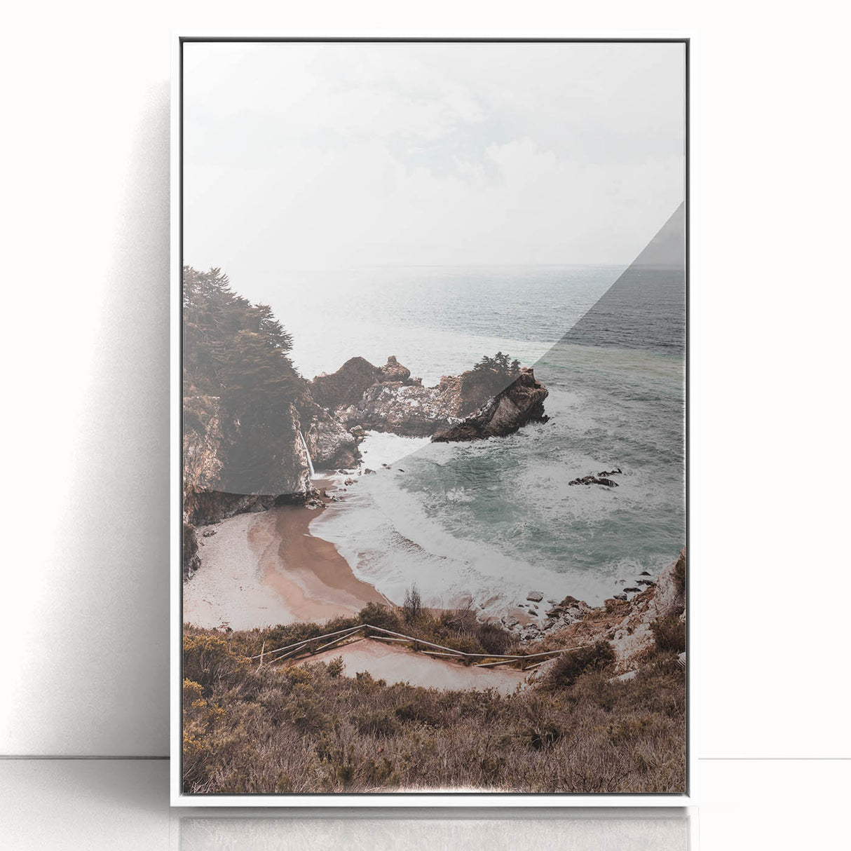 Mid-century modernist art depicting a summer scene in pastel shades on a framed acrylic, ideal for nursery wall art.