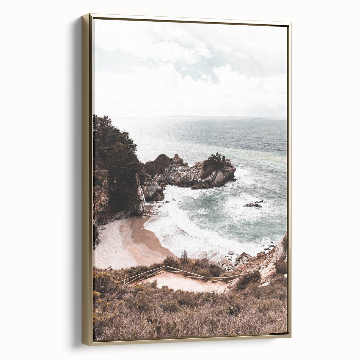 Framed canvas wall art depicting a summer landscape in muted gold and black tones, ideal for bedroom decor.