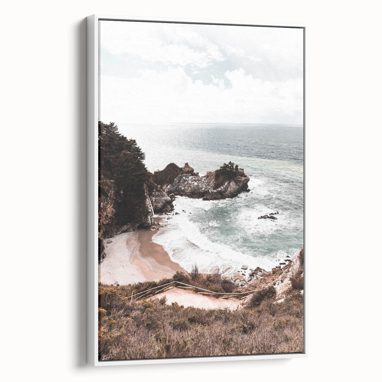 Vintage poster art featuring a colorful summer scene on a large framed canvas, ideal for living room decor.