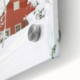 Large abstract wall art with winter theme in muted blue and white tones on acrylic glass, ideal for dining room ambiance.