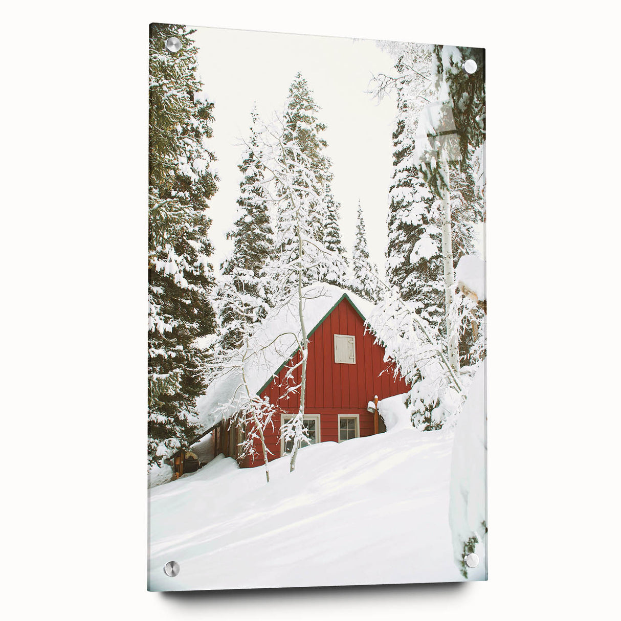 Large abstract wall art depicting winter season in muted blue and white tones on acrylic glass.