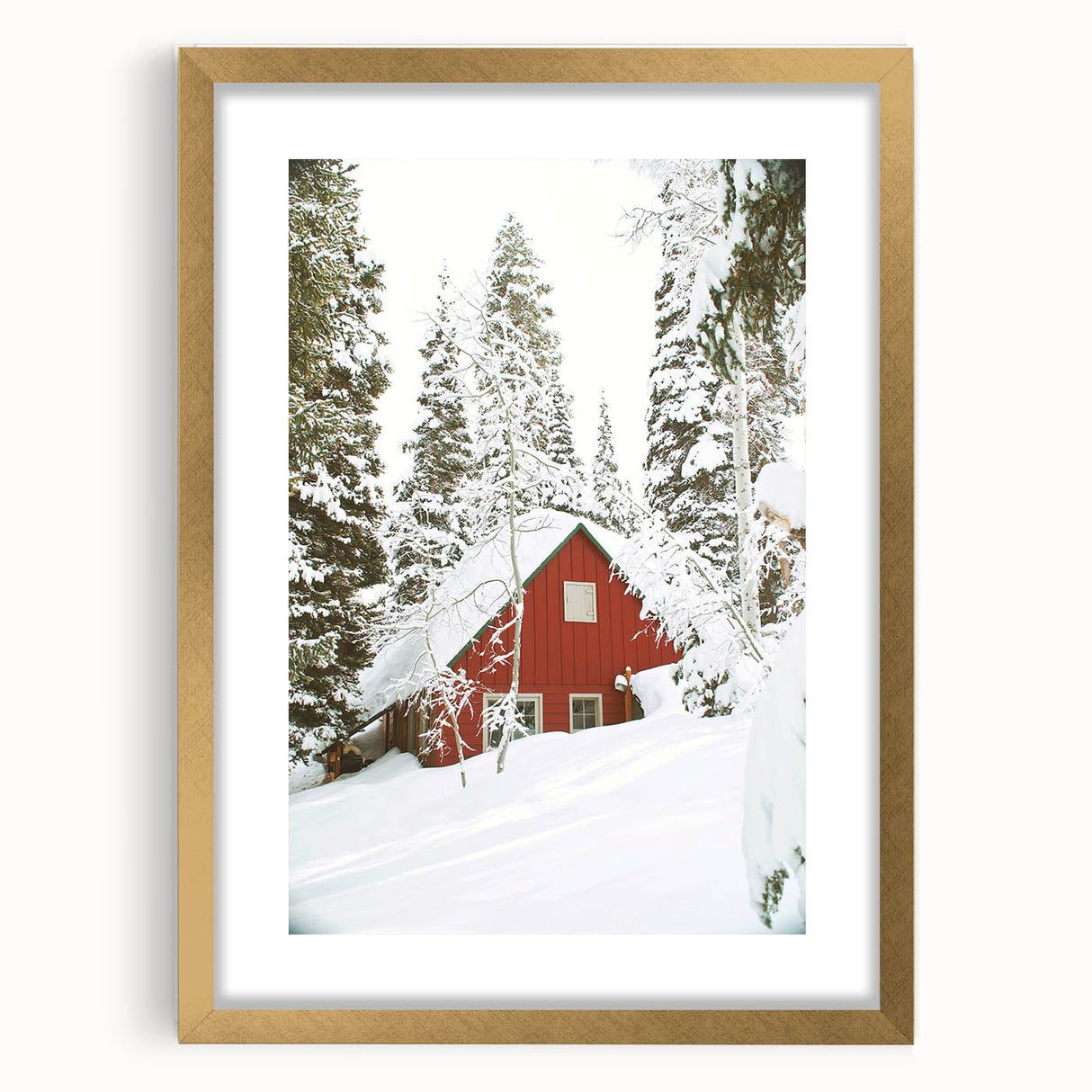 Extra large abstract art print with textured design in cool blue and white tones, framed in gold.