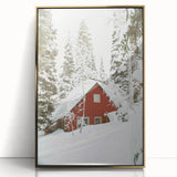 Large art print of a winter scene in gold frame, featuring mid-century modernist style, ideal for nursery wall art.