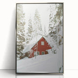 Mid-century modernist art depicting a winter scene in muted blue and white tones on a framed acrylic print.