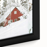 Close-up of black wall art featuring a textured winter scene on a framed canvas, ideal for living room decor.