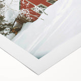 Art deco poster featuring a winter scene in muted blue and white tones on rolled canvas, ideal for dining room wall art.