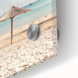 Large abstract wall art in vibrant orange and blue tones on acrylic glass.