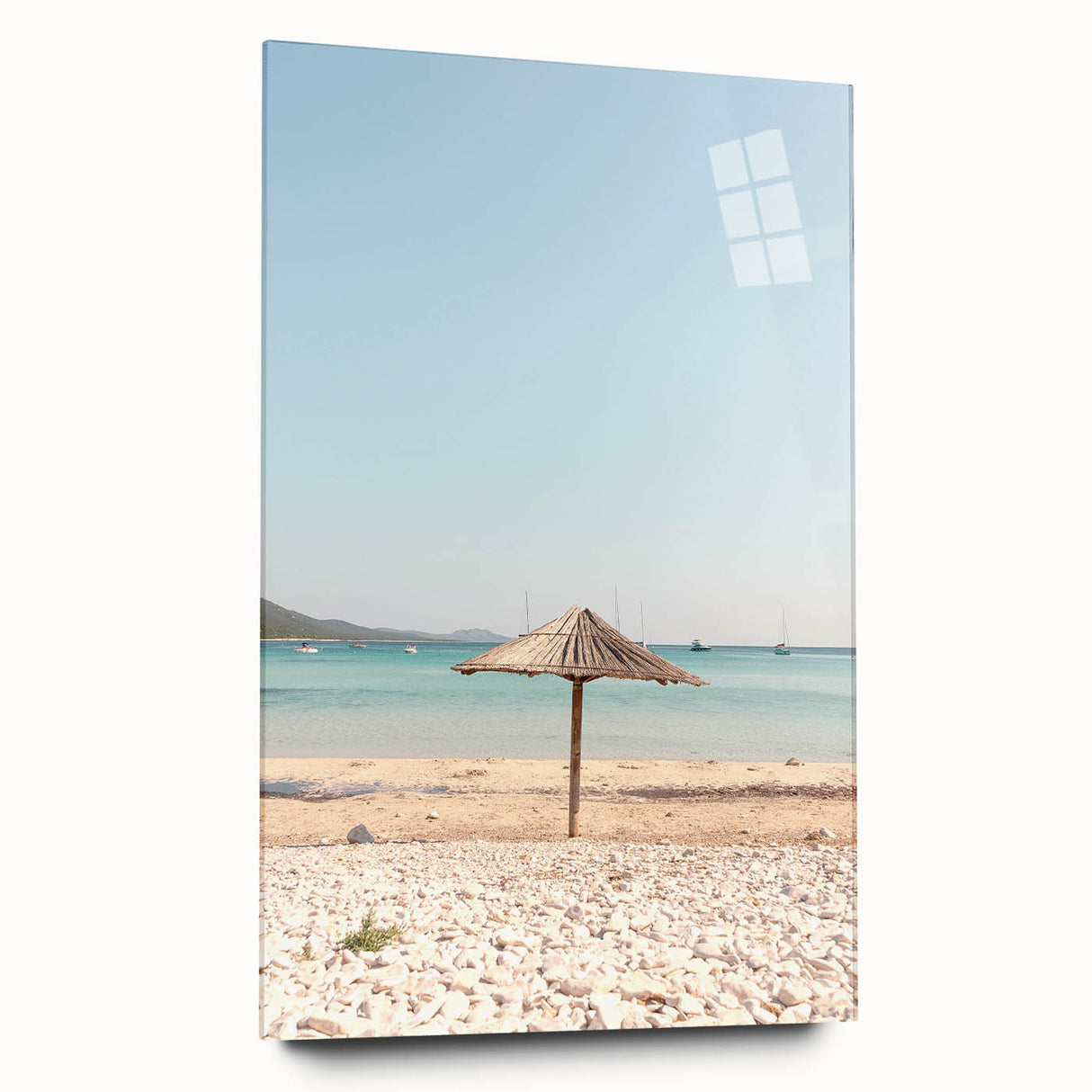 Large abstract wall art in vibrant orange and blue tones on acrylic glass, ideal for bedroom or dining room decor.