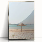 Mid-century modernist art featuring geometric shapes in pastel colors, acrylic print in a silver frame.