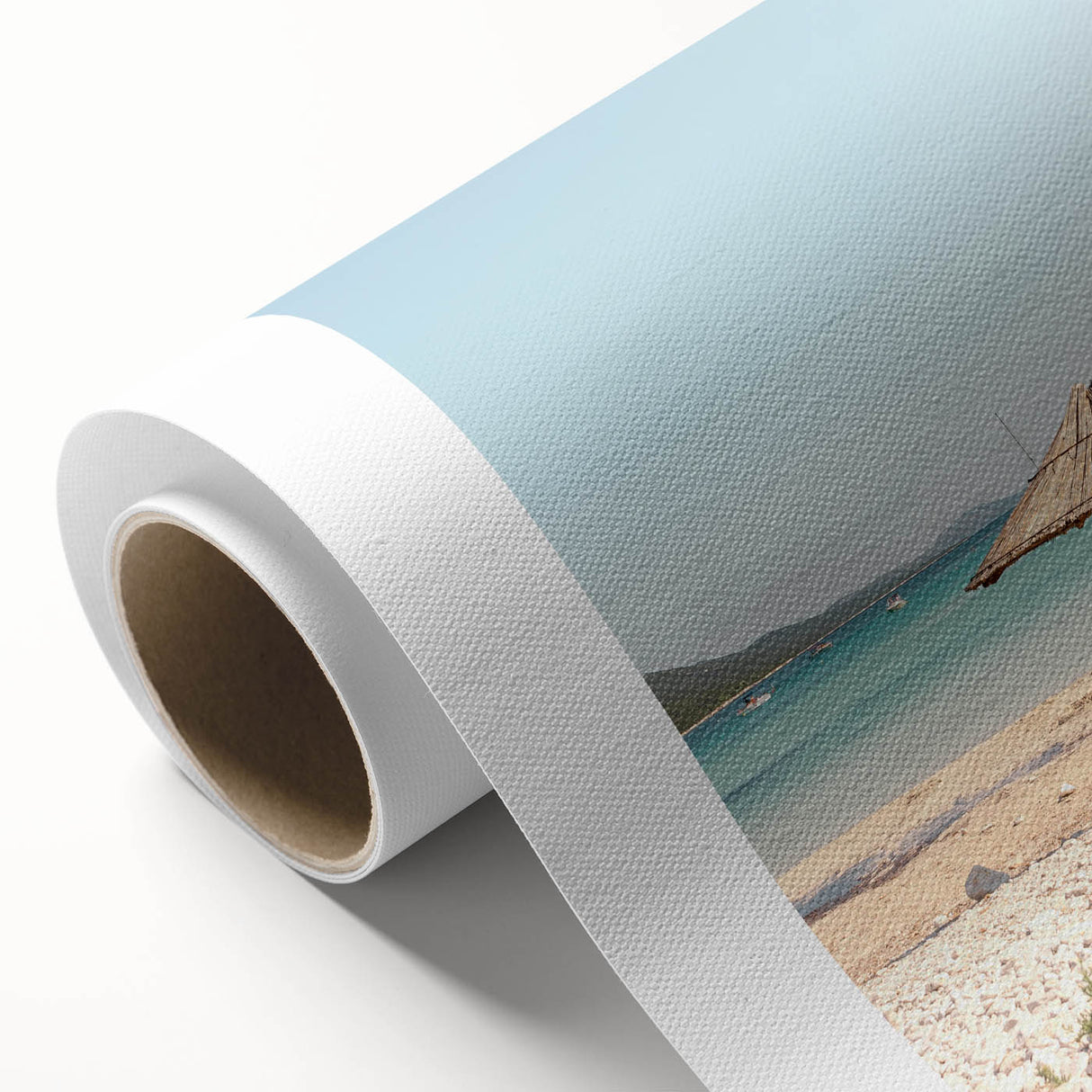 Art Deco poster featuring a stylized summer scene on rolled canvas, with pastel shades, ideal for nursery wall art.