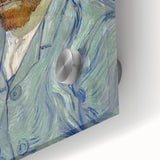 Large abstract wall art on acrylic glass depicting vibrant swirling patterns in blue and yellow, ideal for dining room art.