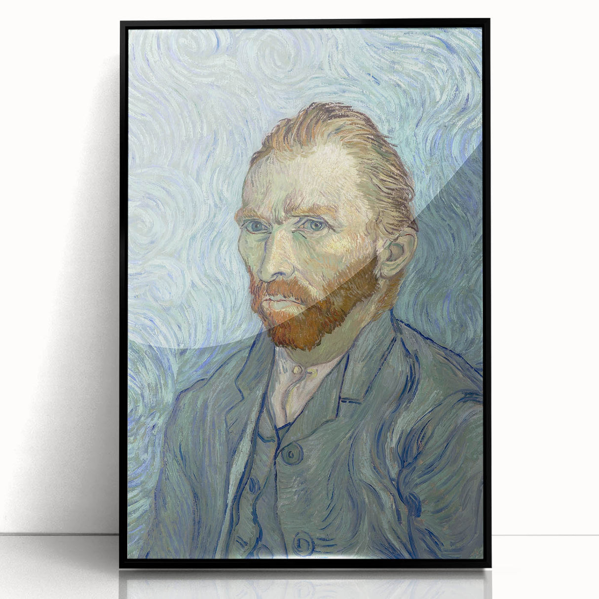 Large abstract wall art featuring swirling blue and yellow patterns on acrylic, framed in black.