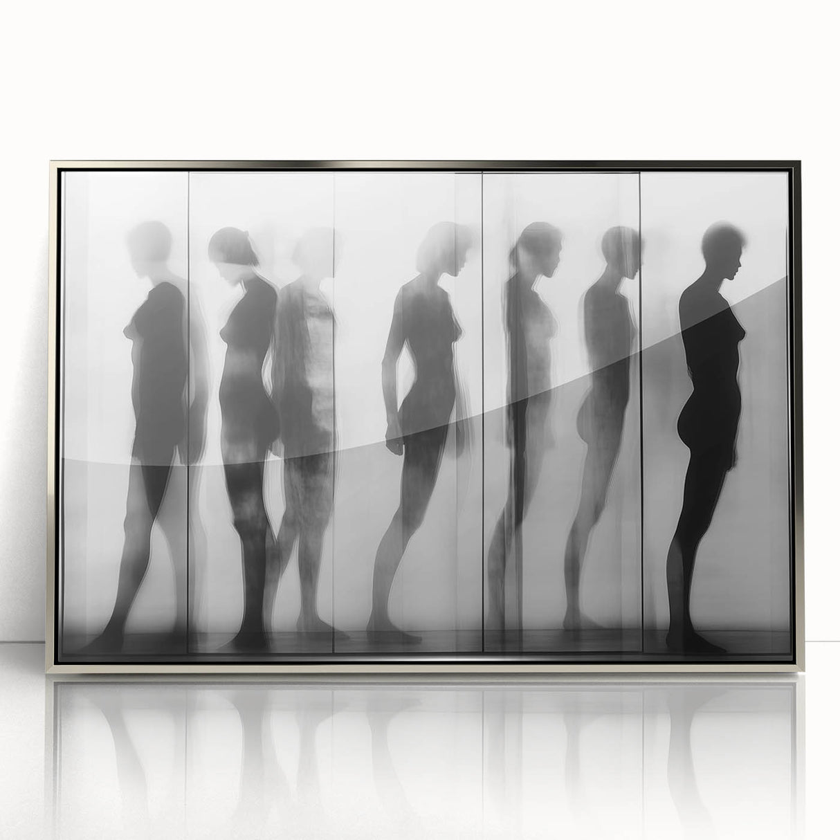 Framed abstract figurative art piece in silver acrylic, showcasing dynamic shapes and vibrant colors, perfect for modern interior decor. This contemporary artwork adds a touch of elegance and sophistication to any space.
