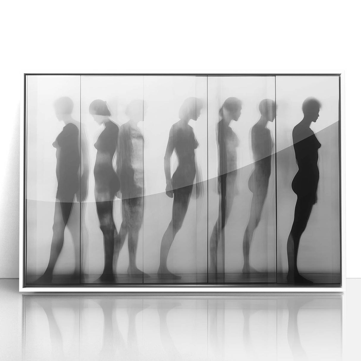 Framed abstract figurative art piece featuring vibrant colors and dynamic shapes, displayed against a sleek white background, ideal for modern decor.