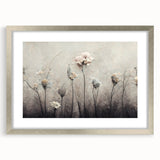 Abstract floral wall art framed in silver with a white mat, showcasing vibrant colors and intricate designs, perfect for modern home decor. Ideal for enhancing living spaces.