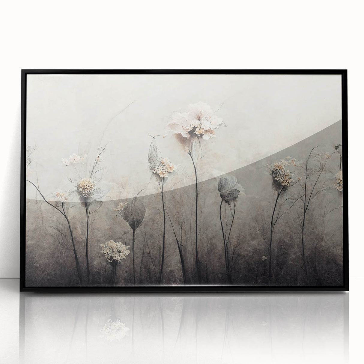 Framed abstract floral wall art featuring vibrant colors and intricate designs, set in a sleek black frame, perfect for modern home decor.