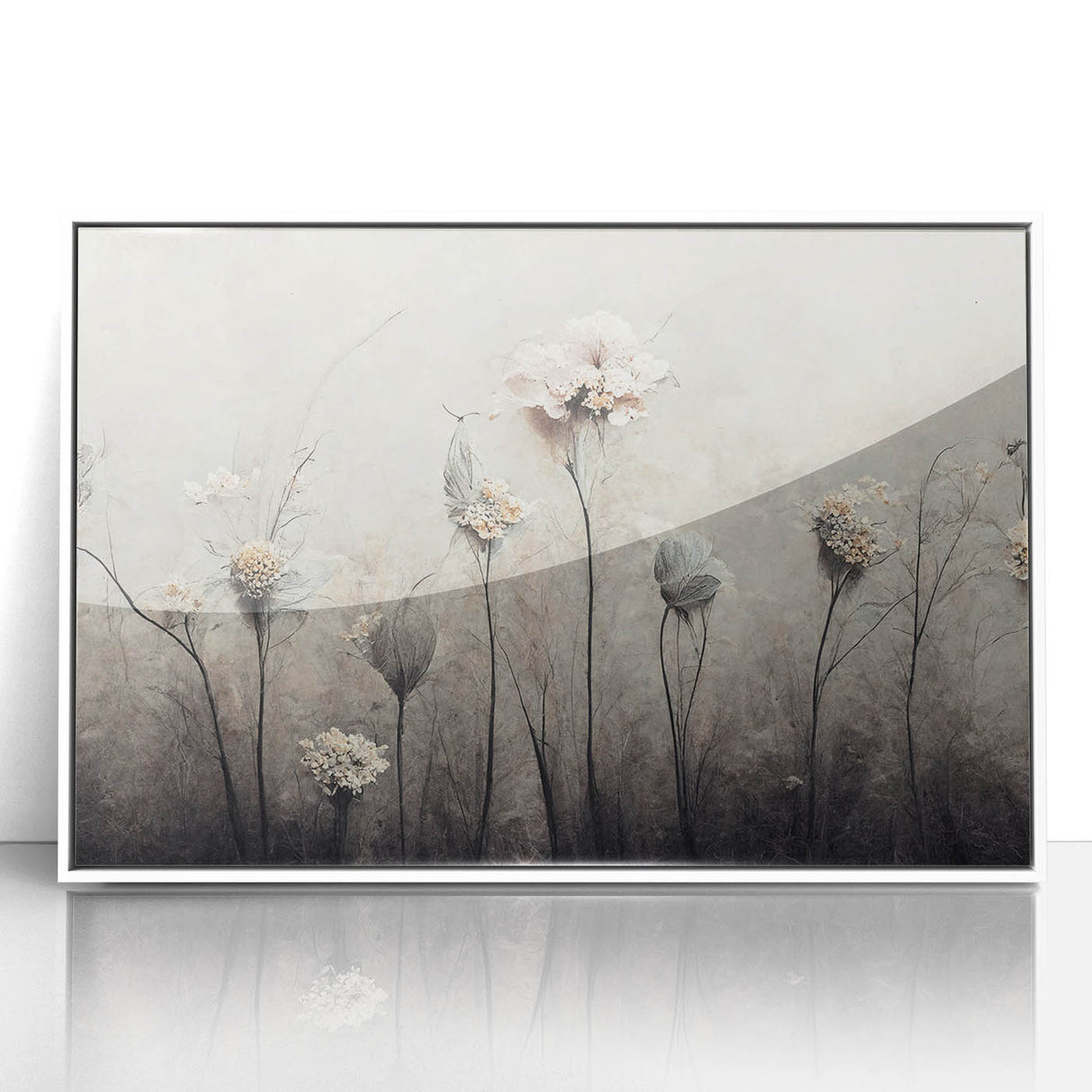 Framed abstract floral wall art in white acrylic, showcasing vibrant colors and intricate designs, perfect for modern home decor and artistic ambiance.