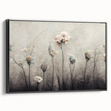 Framed canvas wall art showcasing abstract floral designs in vibrant colors, displayed at a black side view, perfect for modern home decor and artistic interiors.
