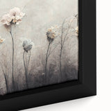 Close-up of a vibrant abstract floral wall art piece, showcasing intricate details in shades of blue, pink, and yellow, framed for a modern decor aesthetic.