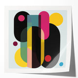 Abstract geometric art print in vibrant colors, showcasing dynamic shapes and lines; ideal for modern home decor and creative spaces.