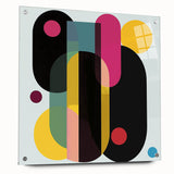 Abstract geometric acrylic glass art piece showcasing vibrant colors and intricate patterns, presented in a side view with decorative pins for display.