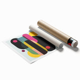 Abstract geometric wall art print showcasing vibrant colors and intricate shapes, rolled up in a sturdy cardboard tube for easy display and protection. Perfect for modern home decor.