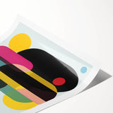 Abstract geometric rolled print showcasing vibrant colors and intricate patterns, packaged securely in a cardboard tube for easy transport and display.