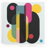 Abstract geometric stretched canvas artwork showcasing vibrant colors and intricate patterns, ideal for modern interior decor. This visually striking piece enhances artistic spaces with its contemporary design.