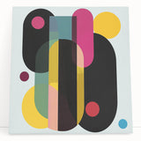 Abstract geometric design on stretched canvas, featuring vibrant colors and dynamic shapes, perfect for modern home decor or art galleries. Ideal for enhancing contemporary spaces with a unique artistic touch.