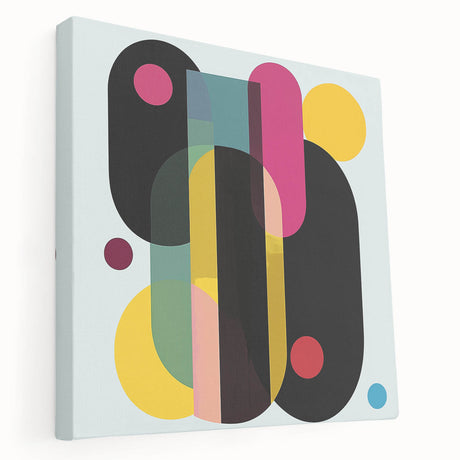 Abstract geometric stretched canvas art showcasing vibrant blue and orange shapes with a modern design, ideal for contemporary home decor. Perfect for adding a pop of color to living spaces or offices.