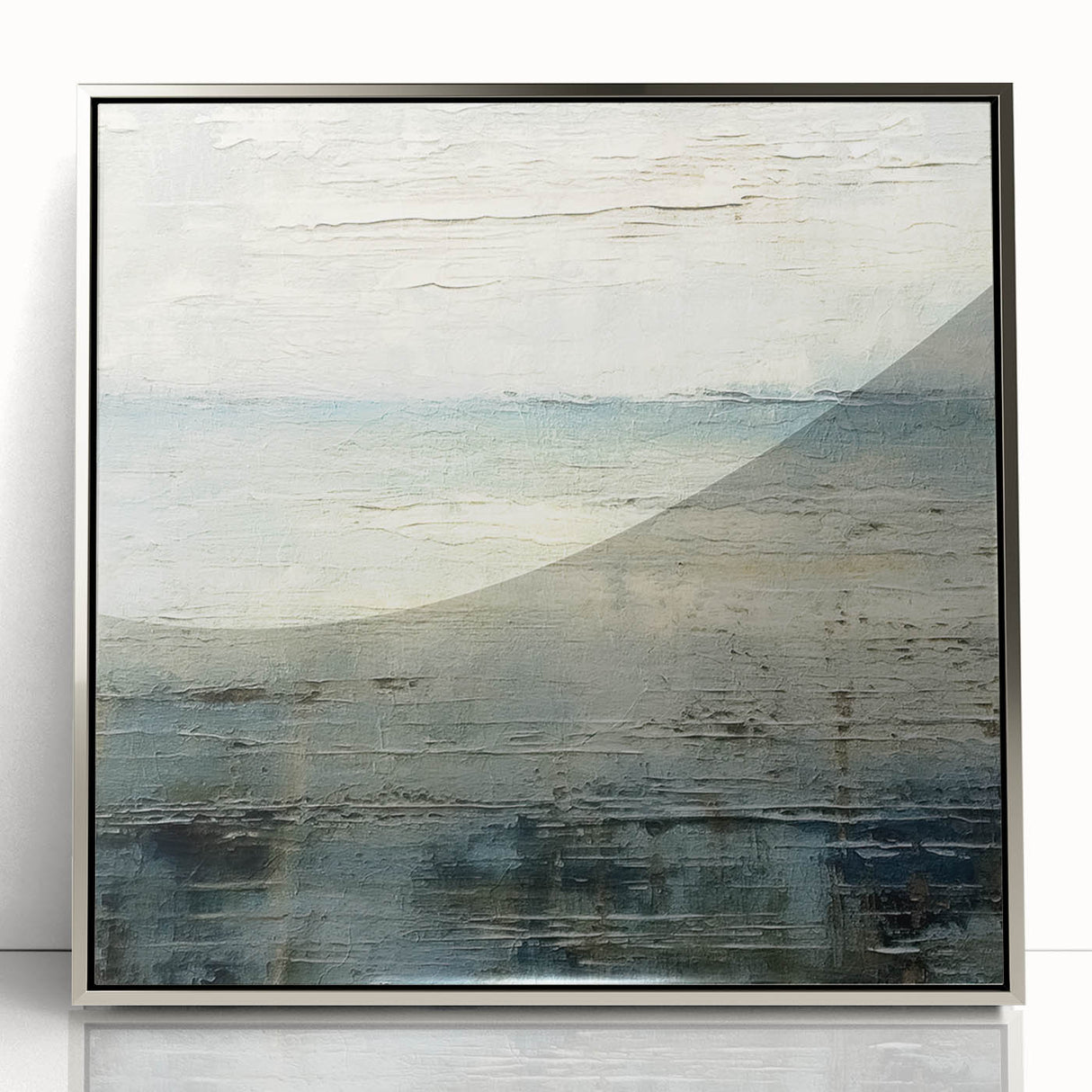 Framed abstract landscape wall art in silver acrylic, showcasing vibrant colors and fluid shapes, perfect for modern home decor. Ideal for enhancing living spaces.