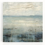 Abstract landscape wall art on stretched canvas displaying vibrant hues of blue, green, and orange, ideal for modern home decor. The piece captures a serene and imaginative view of nature, enhancing any interior space with its contemporary style.