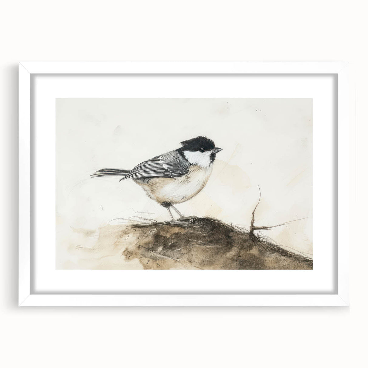 Framed artwork featuring a whimsical animal design with a white mat, showcased in a modern, minimalist style, perfect for children's rooms or playful decor.