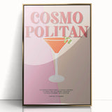 Art deco poster of food and drinks on a gold-framed acrylic print, ideal for modern kitchen decor.