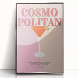 Large art print of food and drinks in mid-century modernist style, framed in acrylic with silver edges.