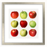 Textured art print featuring abstract fruit designs in vibrant colors, framed in silver, ideal for bedroom art.