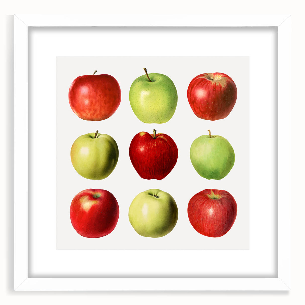 Abstract art print featuring assorted fruits in vibrant colors on a white framed mat, suitable for dining room decor.