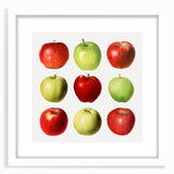 Abstract art print featuring assorted fruits in vibrant colors on a white framed mat, suitable for dining room decor.