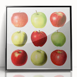 Large abstract wall art featuring assorted fruits in bold colors, framed in black acrylic, suitable for modern kitchen decor.