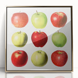 Large art print of assorted fruits in a mid-century modernist style, framed in gold acrylic.