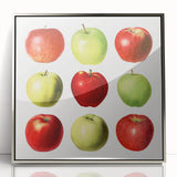 Mid-century modernist art featuring an array of colorful fruits on a silver-framed acrylic print.