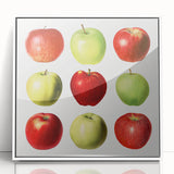 Art deco poster featuring an array of fruits in vibrant colors on a white acrylic framed print.