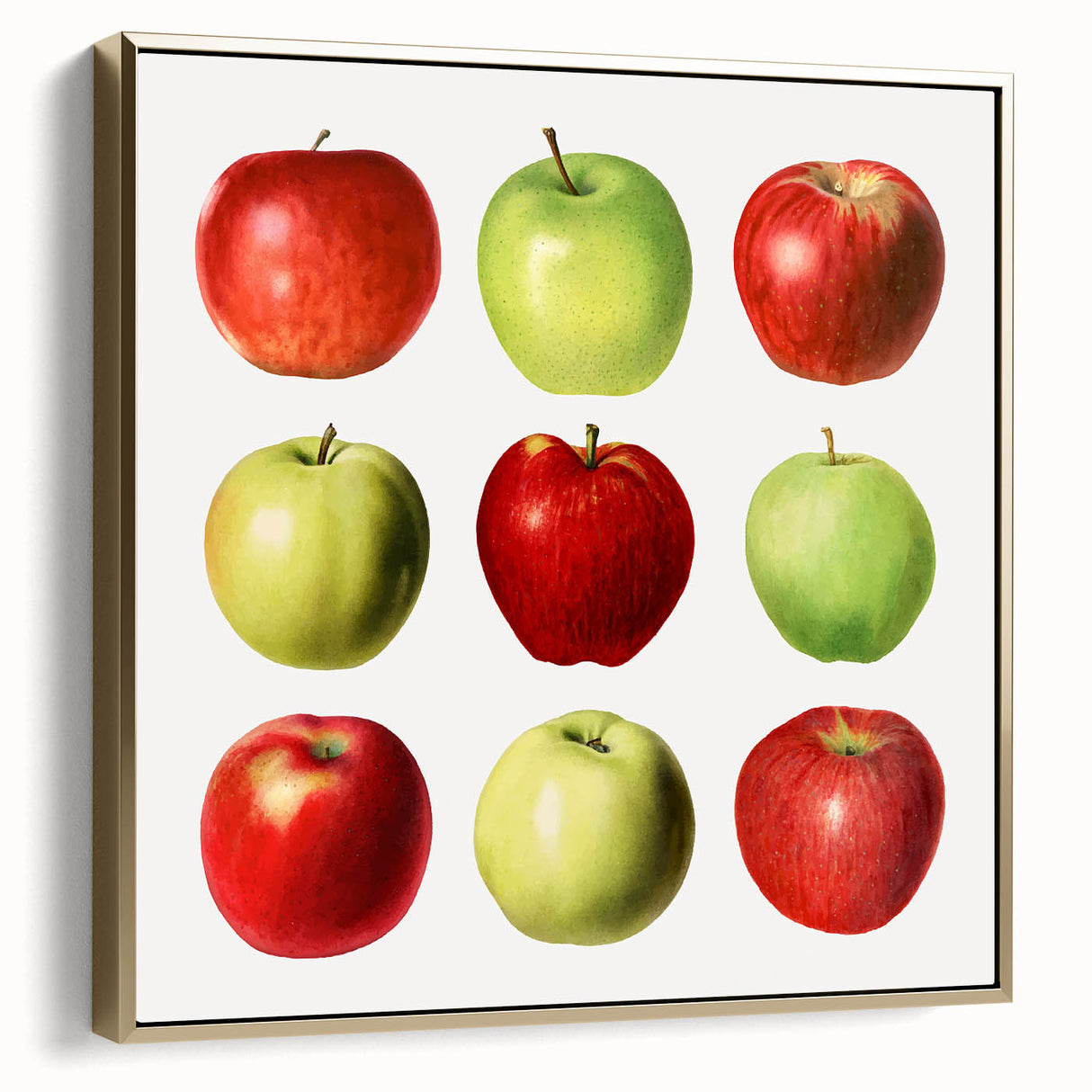 Framed canvas depicting a vintage poster of assorted fruits in muted silver and gold tones, suited for bedroom wall art.