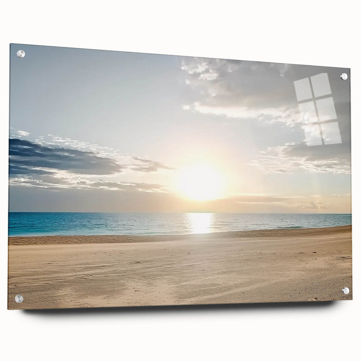 Acrylic wall art depicting a serene beach landscape in vibrant colors, showcased from a side view with clear mounting pins, ideal for coastal-themed decor.