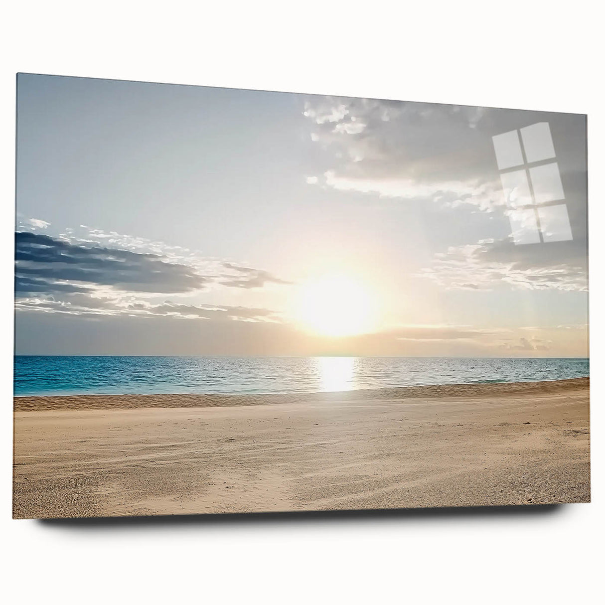 Acrylic glass art piece showcasing a vibrant beach landscape, featuring vivid colors and intricate details, viewed from the side without pins, perfect for coastal-themed decor.